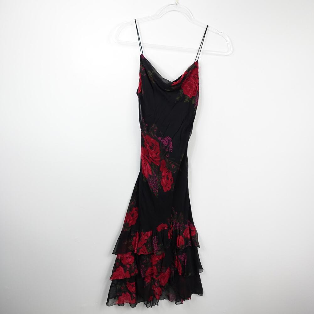 Betsey Johnson Vintage 90s Rose Silk Tiered Strap Dress 2 USA Dark Romantic